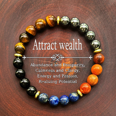 Wealth Manifestation Bracelet with Tiger Eye & Lapis Lazuli • Abundance Stone Jewelry • Natural Wood Beads • Unisex Healing Crystal Bracelet for Success
