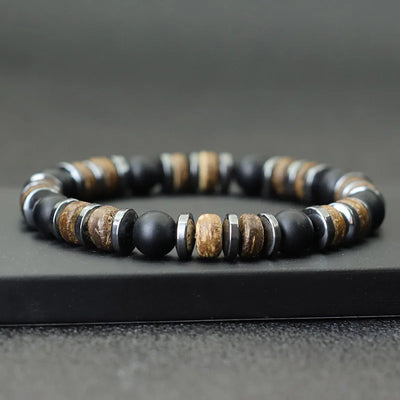 Vintage Men's Beaded Bracelet with Hematite & Tiger Eye - Natural Stone and Coconut Wood Beads - Grounding Boho Bracelet for Men