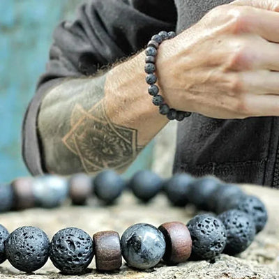 8mm Lava Stone Bead Bracelet for Men • Grounding Volcanic Rock & Wood • Stretchable Spiritual Jewelry • Zen Meditation Accessory