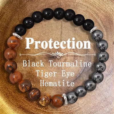 Triple Protection Bracelet for Men & Women - Tiger Eye, Black Obsidian & Hematite - 8mm Grounding & Shielding Crystal Energy Bracelet